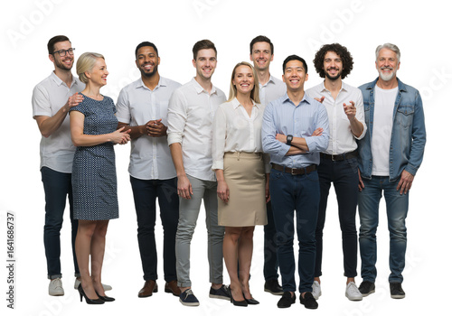 A diverse group of smiling business professionals standing together as a successful team, full-length portrait isolated on white background.