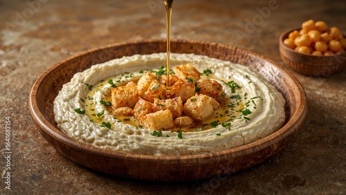 Serving hummus with olive o...