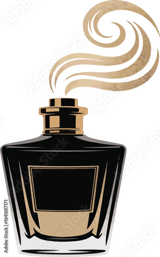 Elegant Black Perfume Bottle with Golden Swirling Vapor on White fragrance scent