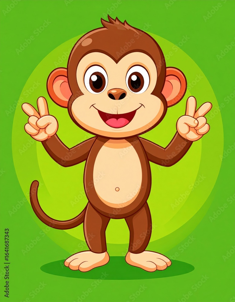 Obraz premium A cheerful cartoon monkey with a playful expression, giving a peace sign against a vibrant green background.