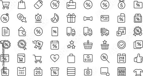 E-commerce and Shopping Outline Icon Set - Discount Sale Delivery Graphics