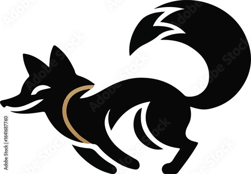 Stylized Black Fox with Gold Collar and Bushy Tail vector illustration
