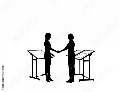 Two young female architects shaking hands in a friendly greeting silhouette isolated on white background