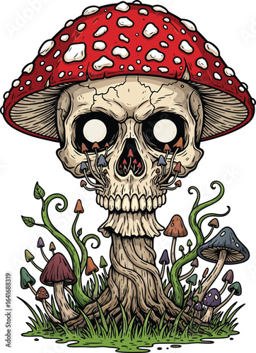 Illustration of a skull with a mushroom head and other small mushrooms growing
