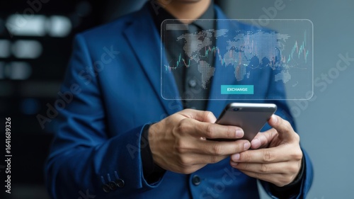 Wallpaper Mural Global Trading - A businessman holding a smartphone, with a glowing world map and a stock market graph, symbolizing international financial exchange Torontodigital.ca