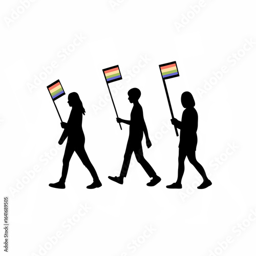 Young adults with colorful signs marching silhouette isolated on white background