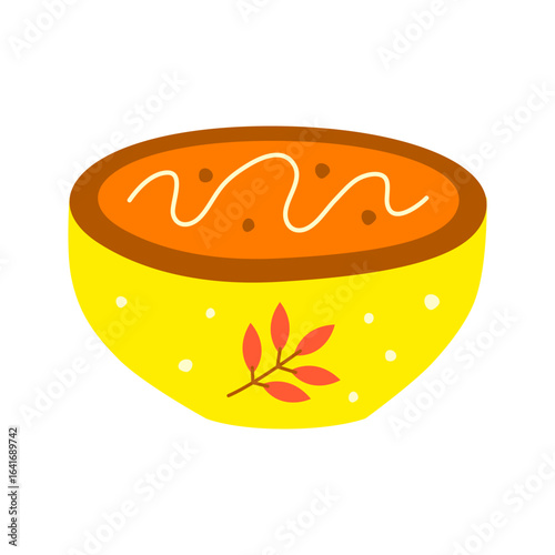 Cute hand drawn flat pumpkin creamy soup puree in bowl isolated on white background. Seasonal autumn food.