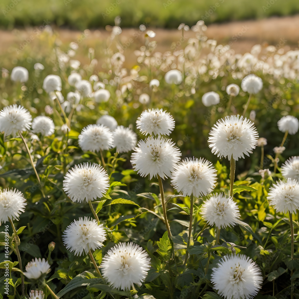 Obraz premium Fluffy White Flowers Blooming in Meadow