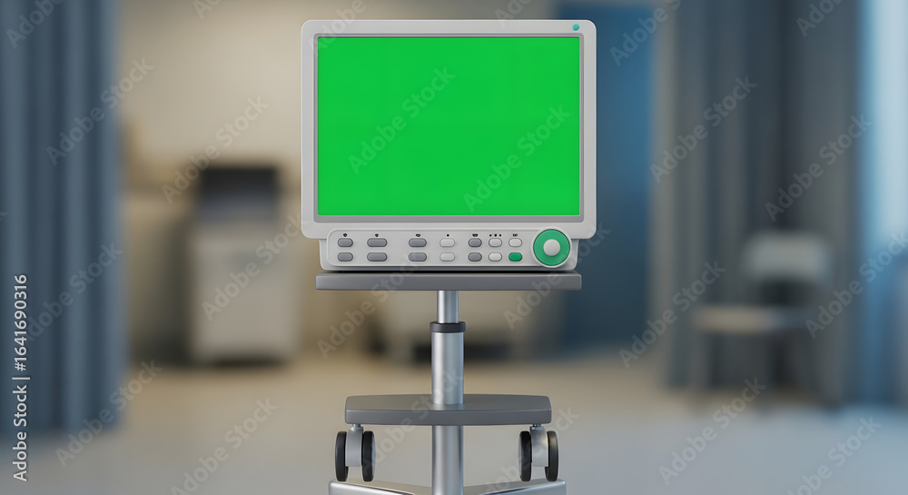 Fototapeta premium A medical monitor on a wheeled stand with a green screen in a blurred hospital room setting