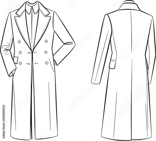 Men’s long overcoat technical flat sketch, front back view, fashion CAD drawing