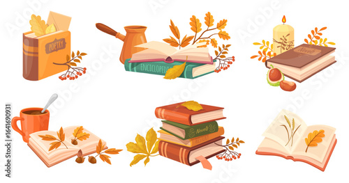 Autumn books reading. Fall read book concept, reader hobby cozy home library school education textbook dictionary encyclopedia with autumn leaves, cartoon neat vector illustration