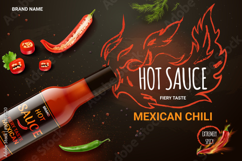 Hot sauce ad. Fire red spicy chili pepper in bottle package realistic advertising commercial background, tomato product with peppers flame flavor spice exact vector illustration