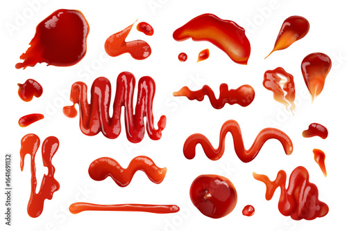 Realistic ketchup stains. 3d tomato sauce splash red strips, tomatoes juice drop chili sauces smear barbecue paste drip splatter jelly jam stripe texture exact vector illustration