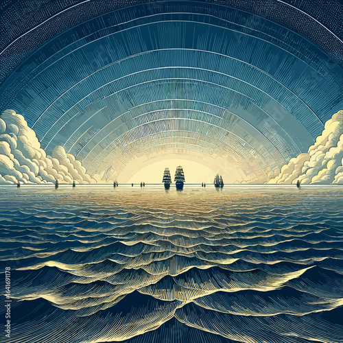 Surreal seascape with sailing ships and vibrant sky, dreamlike atmosphere, intricate line art
