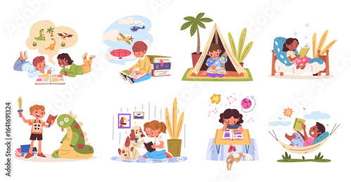 Children read books. Kids readers open book, preschool school student learn read textbook fiction storybook smart boy girl child literature home library, classy vector illustration