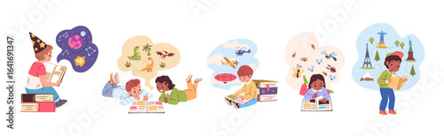 Kids learn book. Children read study books, encyclopedia home library education child knowledge school boy preschool girl reading science literature, classy vector illustration