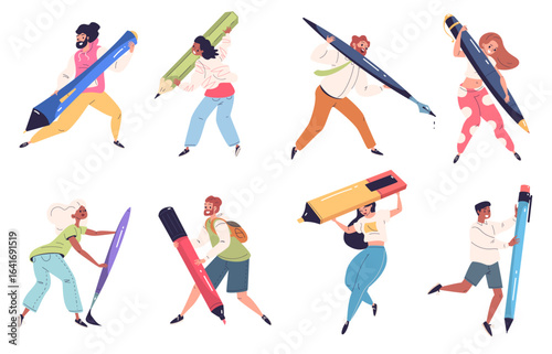 People hold pen. Tiny person write big pencil, draw giant paintbrush student holding large brush marker designer copywriter digital artist editor painter classy vector illustration