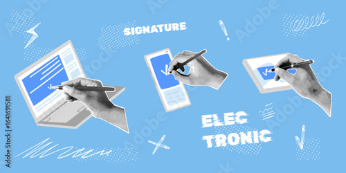 Electronic signature. Realistic hand signing digital document, online deal sign law contract in computer laptop phone or tab halftone collage creative design vector illustration