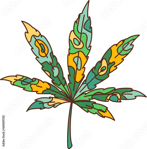 Groovy cannabis plant leaf retro hippie symbol. Marijuana leaves cartoon retro vector sticker or funky vintage icon. Medical cannabis drug, psychedelic weed plant groovy 60s symbol or hippie 80s print
