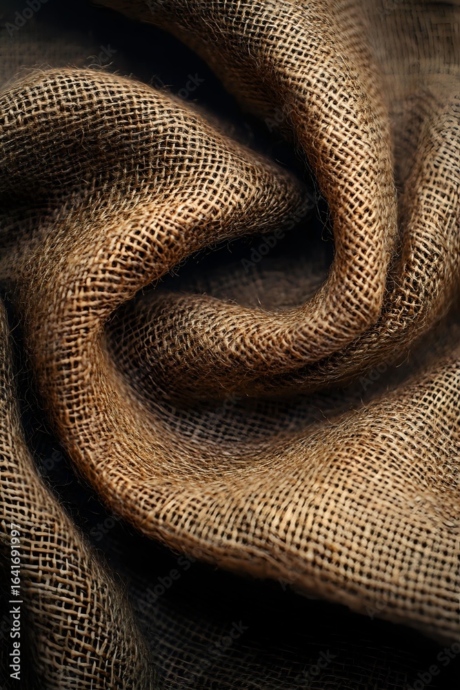 Natural brown burlap fabric with curved folds and textured surface creating abstract spiral pattern, macro photography showing detailed weave structure. Natural brown burlap fabric with curved folds and textured surface creating abstract spiral pattern, macro photography showing detailed weave structure.