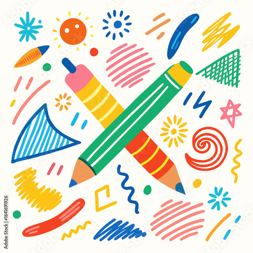 Colorful pencils and abstract shapes doodle art background