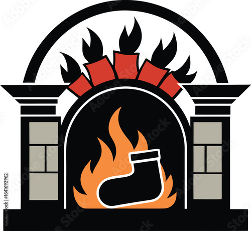 Cozy fireplace silhouette with warm fire flames and hearth