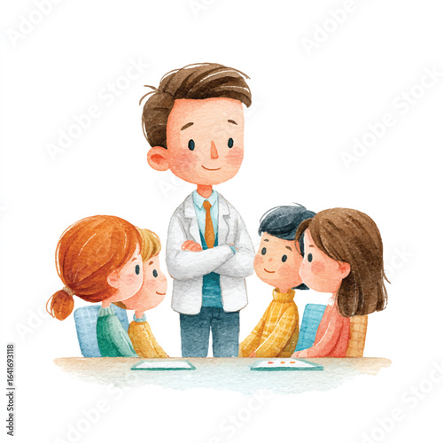 Watercolor doctor with crossed arms surrounded by four children at a table