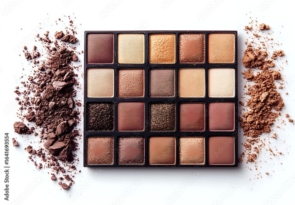 Fototapeta premium Makeup eyeshadow palette with brown, nude, and bronze shimmering colors arranged in squares, surrounded by crushed powder texture on white background.