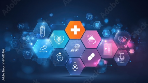 digital healthcare hexagon icons network