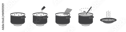 Pasta preparation process instruction. Step by step guide for spaghetti cooking. Pasta cooking instruction. Pasta recipe icons.