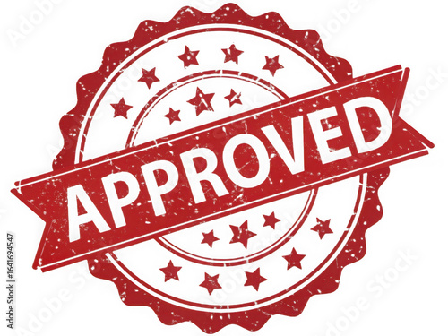 Red approved stamp with stars and jagged edges isolated on transparent background