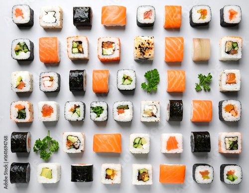An overhead shot of various sushi arranged in a grid pattern on a light gray background