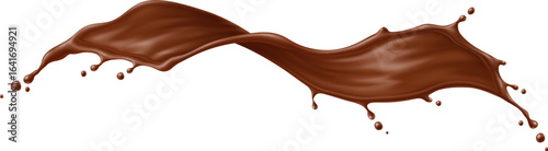 Chocolate drink flow splash wave flowing mid air, curves elegantly with droplets emphasizing motion. Realistic 3d vector twisted rich, dessert splash with velvety texture for sweet promo or food ads