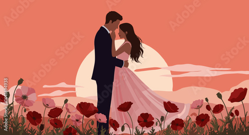 Romantic couple silhouette in sunset with poppies, for wedding invitations, love stories, and relationship promotions