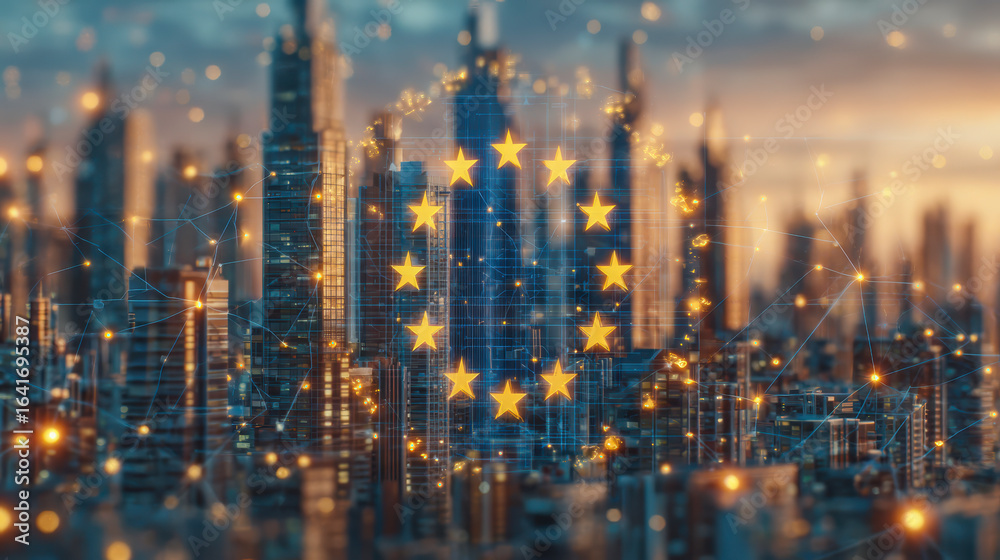 Fototapeta premium A futuristic cityscape at dusk overlaid with glowing stars symbolizing a prominent, possibly European, union or cooperation.