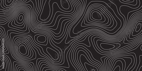 Abstract black background with modern topographic contour lines. Minimalist wavy line pattern design for digital wallpaper, texture, backdrop, and stylish geometric abstract art concept.
