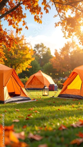 Autumn camping scene with orange tents on grassy field, surrounded by fall foliage under a bright sky