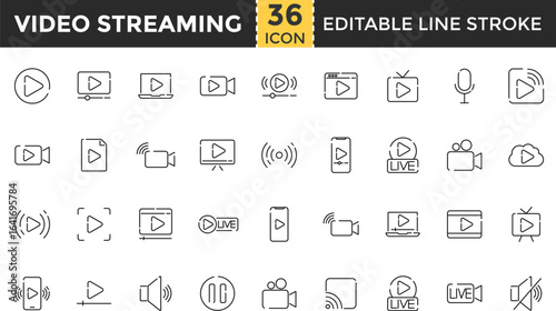 Video Streaming Line Icon Set. Pixel perfect and Outline Editable Stroke Icons collection for Live, Web Streaming, Video Streaming, Broadcasting, Podcast, Television, Sport, Device Screen, Film
