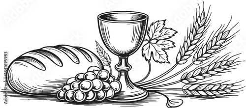 Religious symbols of bread wine and wheat for communion