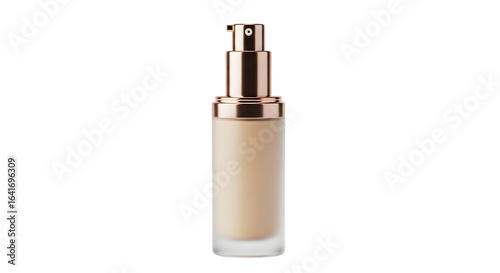 A bottle of liquid makeup foundation with a rose gold pump dispenser, isolated on a transparent background
