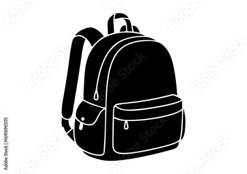 Black silhouette of a backpack on white background for travel and school concept
