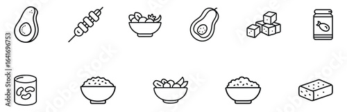 A pack of 10 minimal line icons of healthy foods and ingredients, including avocado, skewers, salad bowls, herbs, sugar cubes, canned goods, rice, tofu, and fresh vegetables, perfect for nutrition blo