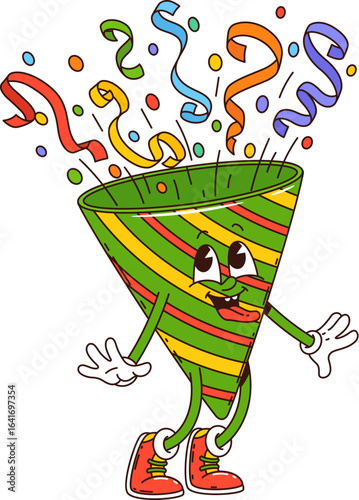 Cartoon groovy birthday character in holiday party hat with confetti, vector emoji. Groovy birthday hat with funny silly face, freaky tongue out and confetti for party celebration comic character