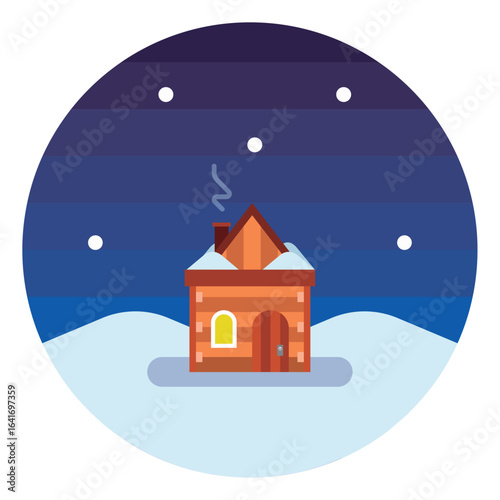 Cabin with chimney in snowfall. Vector