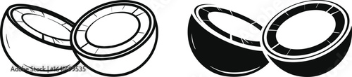 Two halves of a coconut in outline and silhouette style