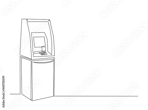 ATM machine in single outline illustration. Continuous line art drawing of automated teller machine for business and finance concept.
