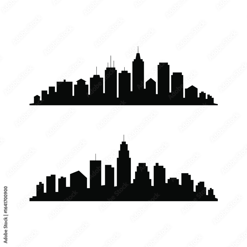 Naklejka premium Two Black City Silhouettes Against White Background - Ideal for Design Projects, Business Presentations, and Creative Urban Concept Illustrations with Copy Space