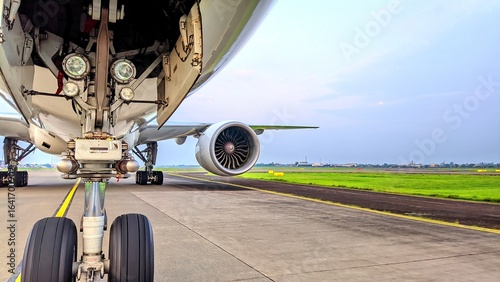 Detailed front shot of airplane nose gear and engine on airport taxiway