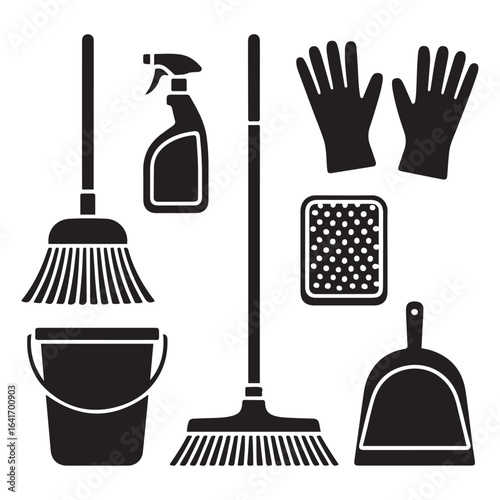 Broom bucket spray bottle vacuum cleaner dustpan sponge gloves cleaning liquid vector. Vector black silhouette. with white background.