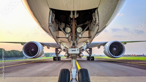 Detailed front shot of airplane nose gear and engines aligned symmetrically on airport taxiway